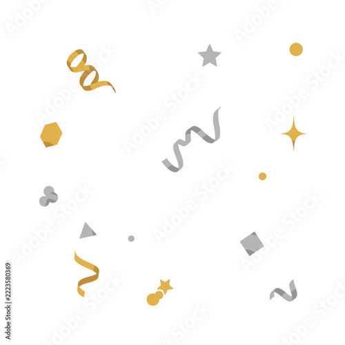 Golden and silver confetti and streamers scattered across a white background.