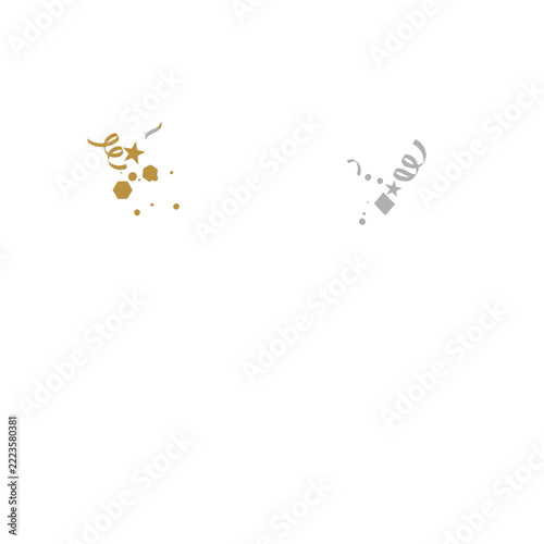 Celebratory confetti and streamers in gold and silver hues scattered on a clean background.