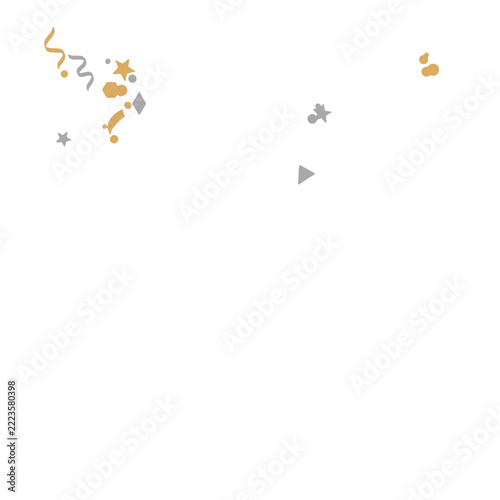 Confetti and streamers scattered across a white background.