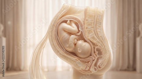 Elegant luxury editorial visualization of a full-term baby at 39 weeks inside the mother's womb, sophisticated anatomical cutaway of the pregnant abdomen, beautifully detailed fetus