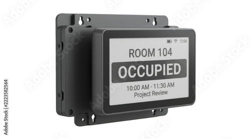 Digital room occupancy display mounted on wall with clear status message for meeting room scheduling Isolated on transparent background