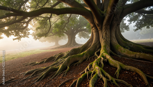 Forest landscape tree root large tree moss root misty park ancient tree woodland scene green canopy earthy ground foggy morning