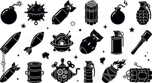 Military bomb silhouette vector icon set featuring explosive dynamite grenade missile naval mine and weapons for military strategy video game interface design defense corporate dashboard layout