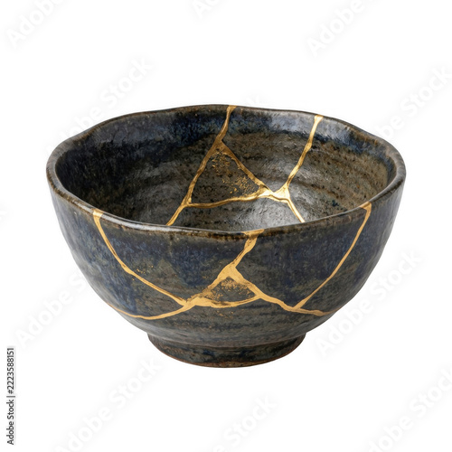Ceramic bowl with golden kintsugi repair in soft studio lighting isolated on transparent background