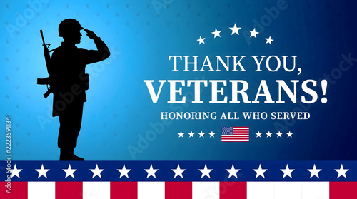 Silhouette of a soldier holding a rifle salutes against a blue background with stars.