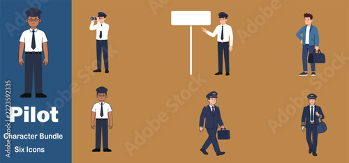 Pilot character bundle set with various poses and uniforms for