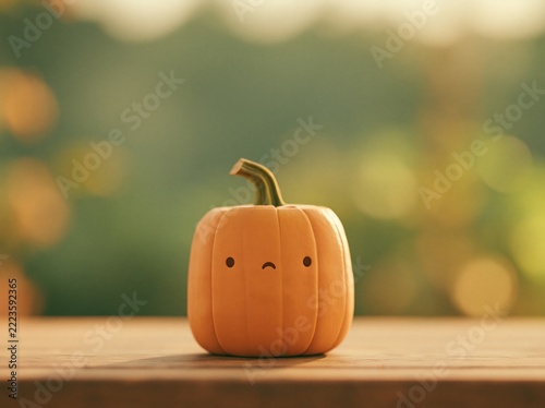 A close up photograph of a cute, slightly lopsided pumpkin carved with bashful features, set against a dreamy, blurred autumn background.