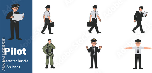 Pilot character bundle set with various poses and uniforms for