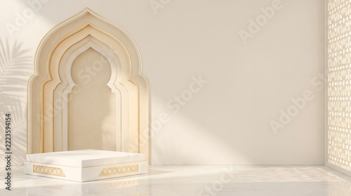 Elegant Islamic arch and marble podium with sunlight for Ramadan and Eid product display