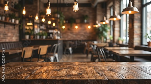 Rustic wooden table in cozy restaurant interior with warm ambient hanging filament lights cafe furniture atmosphere ambiance background woodwork