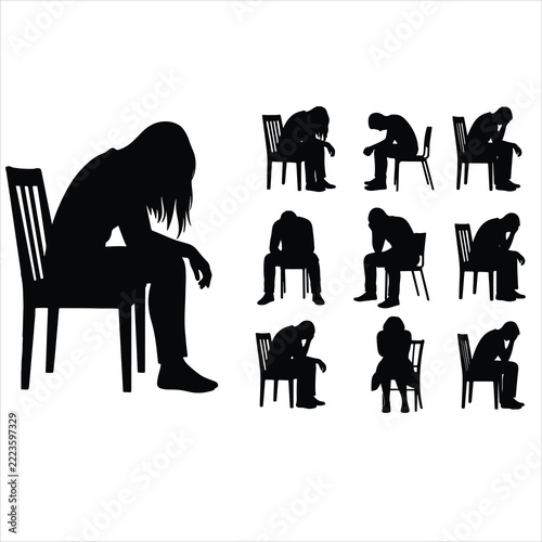 Sad, depressed people sitting on chairs silhouette set, black vector collection isolated on white background