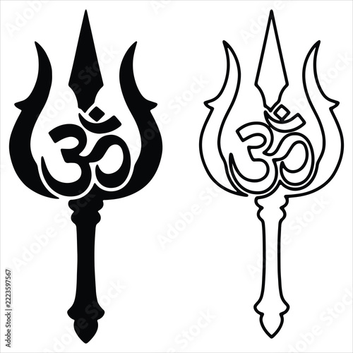 Trishul with Om symbol vector set, Lord Shiva trident black silhouette and line art isolated on white background