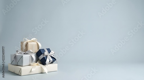 A stack of elegant christmas gift box presents wrapped in decorative paper with ribbons on a plain background
