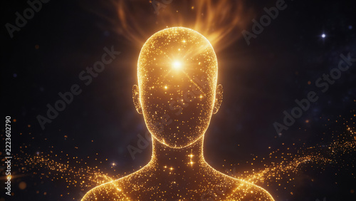 Mystical glowing silhouette of human figure with cosmic energy and radiant light