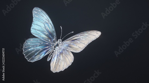 Elegant 3D render of a crystal glass butterfly with iridescent wings on a dark background