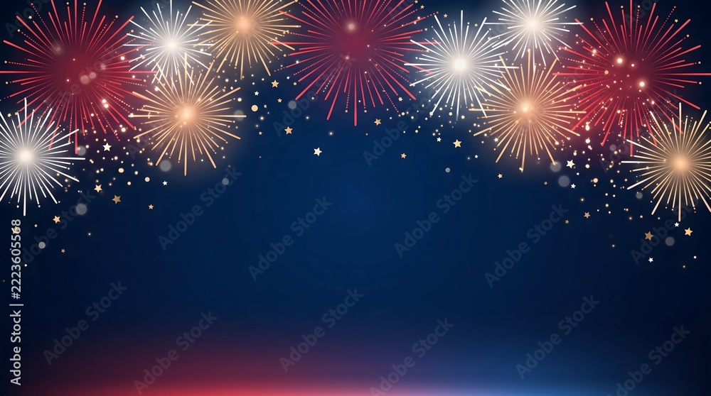 Fototapeta premium Fireworks explode in a festive display against a dark blue celebratory night sky with copy space.
