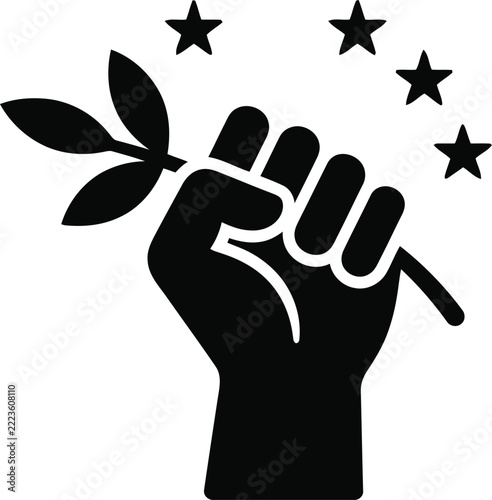 Raised Fist Holding Olive Branch with Stars Vector Illustration