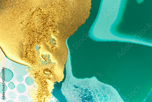 Abstract Original Hand Drawn Green Artwork Liquid Inks Illustration with Gold Glitter and Text Space.