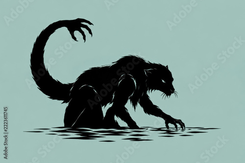Gothic Shadows in Silhouette — Ahuizotl, Mysterious Aztec Water Creature with a Hand-Tipped Tail Emerging from the Water