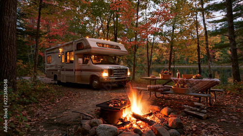 a serene outdoor setting during autumn. A white recreational vehicle, likely a motorhome, is parked beside a campfire. The campfire is surrounded by rocks and wooden logs.