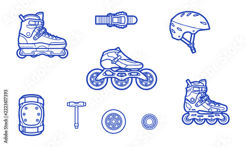 Inline Skate Equipment and Protection Gear Vector Outline Set for Rollerblading Sports Concept