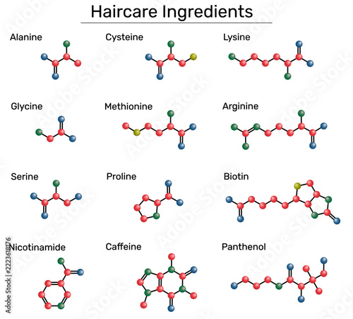Haircare active ingredients molecule set. Amino acid complex Glycine, Arginine, Cysteine, Lysine, Methionine, Alanine, Serine, Proline and Hair growth Biotin B7, Niacinamide B3, Panthenol B5, Caffeine
