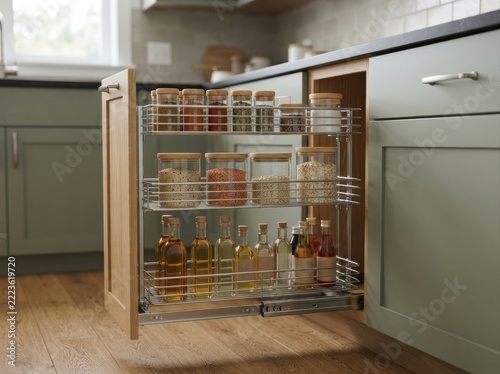 accessible kitchen pull out shelf Kitchen cabinet pull-out shelves with organized bottles and jars of spices
