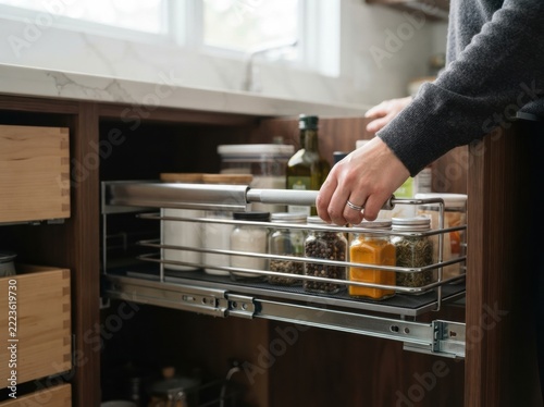 accessible kitchen pull out shelf Person organizing spices and condiments on a sliding kitchen cabinet shelf