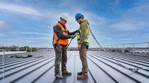 Rooftop Safety Check: Two construction workers, wearing safety harnesses and hard hats, conduct a safety inspection on a vast, corrugated metal rooftop under a bright, cloudy sky.