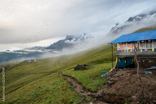 Mountain lodge with prayer flags at Kori, Annapurna, Nepal