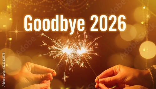 Hands holding sparklers with goodbye 2026 text and bokeh lights