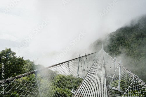Long suspension bridge disappearing into fog, Nepal