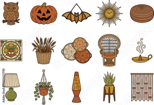 Retro Halloween Home Decor Vectors, Groovy Spooky Boho Interior Clipart Set with Wicker Chair, Sunburst Clock, and Bat Decor