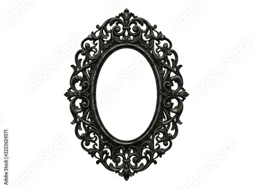 Vintage black ornate oval picture frame isolated on transparent background
