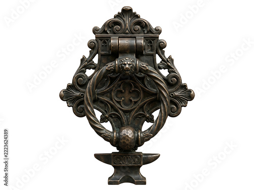 Ornate bronze door knocker isolated on transparent background