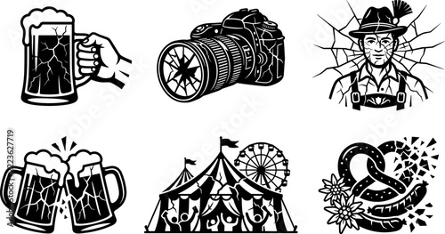 Set of six monochrome beer festival icons with cracked glass effect