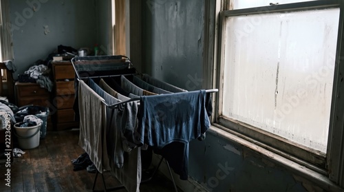 Wet laundry drying on a metal rack inside a dim, rundown room beside a steamed foggy window with cool daylight.