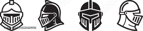 Set of black knight helmet icons and medieval armor headgear vector illustration