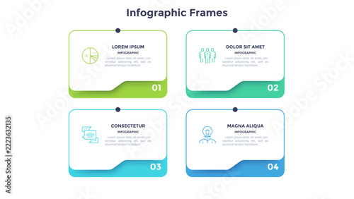 Infographic frames template with four numbered colorful cards and line icons. Vector illustration of options layout with chart, people, chat and idea symbols.