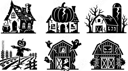 Set of six spooky halloween themed icons featuring haunted houses, barns, and ghosts