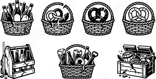 Set of black and white vector illustrations depicting picnic baskets, wooden crates, beer bottles, pretzels, and sausages