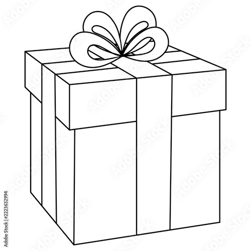 Wrapped Christmas gift with a large decorative bow in line art, an illustrated element for cards, celebrations, gift wrapping, and festive designs