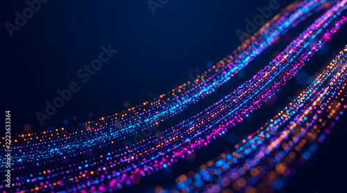 Futuristic wave lines of bright particles streaking across deep digital space