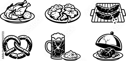Black and white vector icons of traditional german food and drink