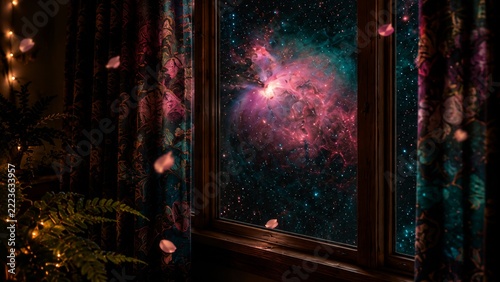 Stunning nebula view through window with floral curtains and soft lighting