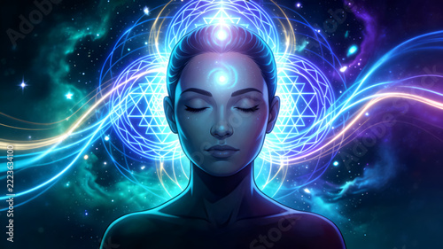 Mystical meditative journey: woman with geometric aura in cosmic space