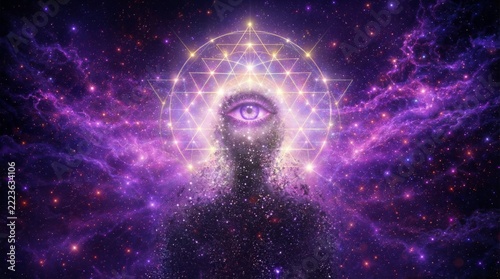 Cosmic visionary: mystical third eye and galactic aura in a purple universe