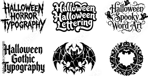 Set of halloween themed typography designs and spooky graphic elements