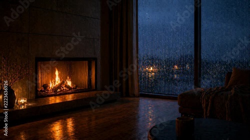 Cozy fireplace ambiance on a rainy night in a modern living room