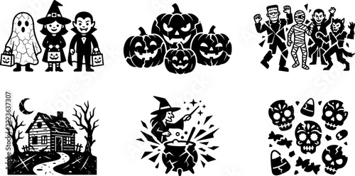 Set of halloween themed black and white vector illustrations